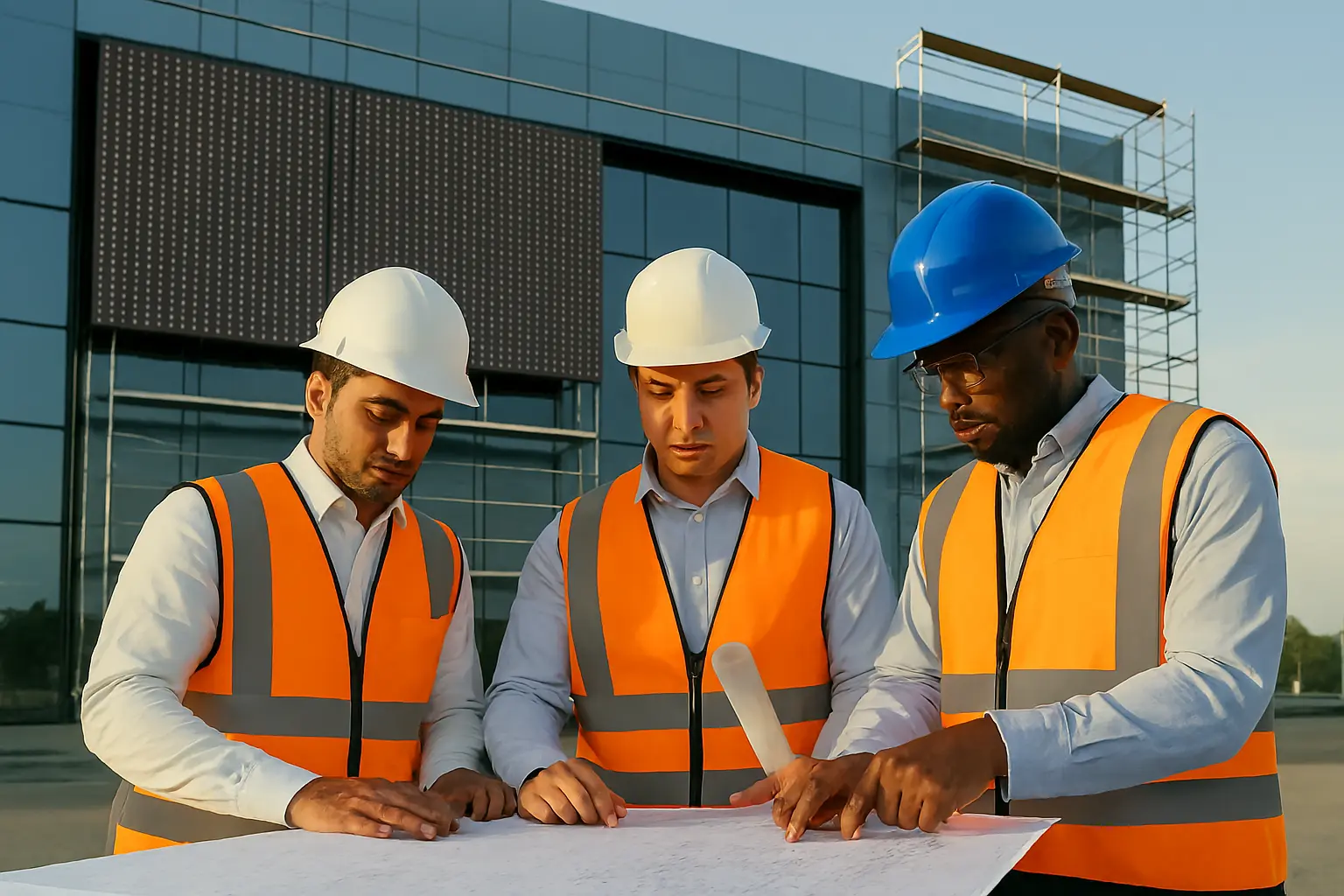 engineers with digital overlays of LED design plans 